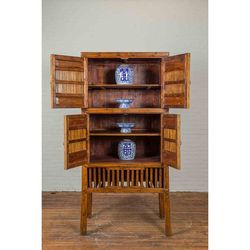 Chinese Bamboo & Elm Cabinet on Stand - Two-Section, Sliding Lower Doors, 76.5"H