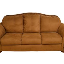 Matching Traditional Sofa & Loveseat Set – Tan Microfiber with Nailhead Trim