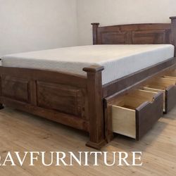Solid Wood Full Bed w 3 Drawers and Memory Foam Mattress