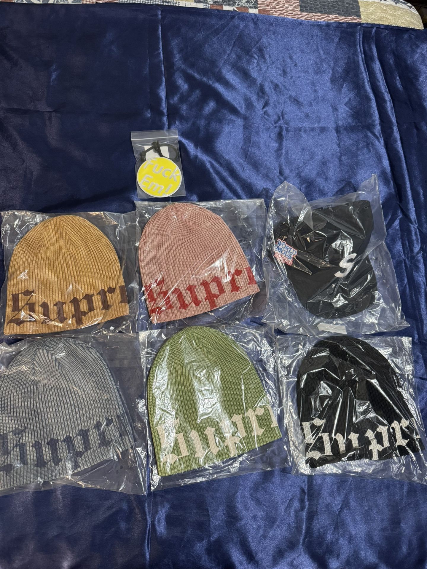Supreme SS25 Old English Printed Beanies, World Famous S Logo 6-Panel, Supreme/Blue Lug Reflector