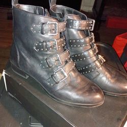 VINCE CAMUTO  CORVINA BLACK LEATHER STUDDED BUCKLE MOTO ZIP BOOTIE