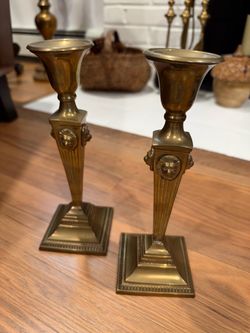 Vintage Brass Lion Head Candlesticks – Neoclassical Hollywood Regency Pair