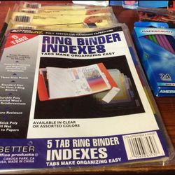 School Supplies, NEVER USED, some items are older but never used, 3 ring zipped binder, 7 packs 5 tab dividers, combination lock, 3 packs #2 pencils,