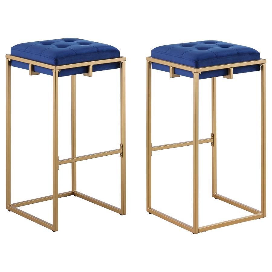 Pair Of 2 Blue Velvet And Gold Barstools 