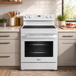 Midea 30" Freestanding Electric Range with 6.3 Cu. Ft. Oven, 4 Radiant Burners, Ceramic Glass Cooktop & Steam Clean - Black