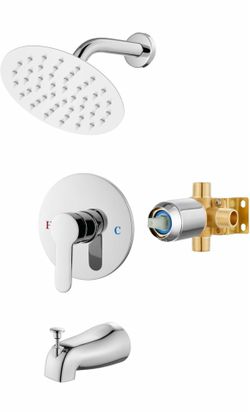 Shower Faucet Set with Tub Spout,Bathtub Faucet Set Complete, Round Rainfall Shower Head,Tub and Shower Trim Kit with Solid Brass Rough-In Valve, 6 In