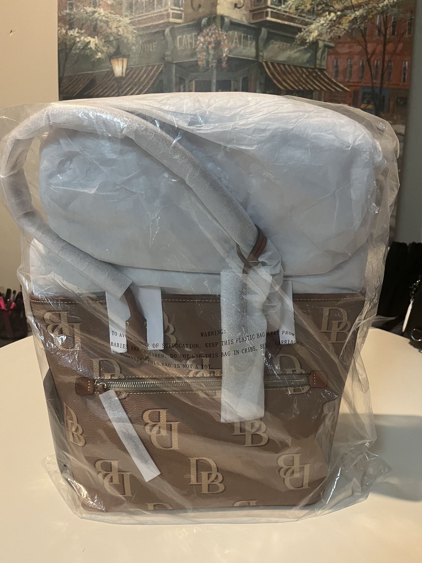 Dooney & Bourke Pebbled Leather Monogram Large Tote Bag Saddle New in Plastic