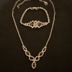 18”SilverTone Necklace Set With Black And Clear Rhinestones With 6” Matching Bracelet
