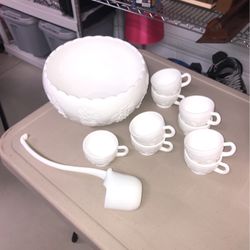 70’s Milk Glass Punch Bowl Set  Perfect Condition 