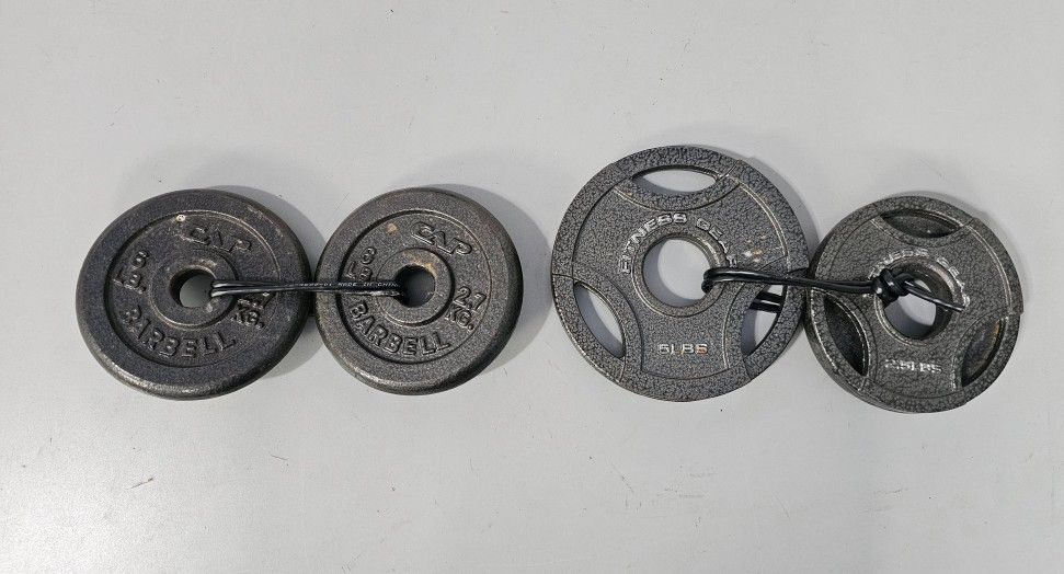 Barbell Weight Plates 1" 2 x 6 lbs cast iron and Fitness Gear 2" 2 x 5 lbs. & 1 x 10 lbs. Total: 5 Pieces 