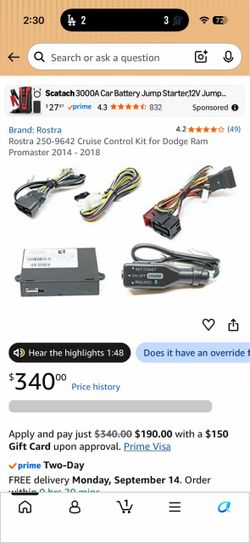 Rostra (contact info removed) Cruise Control Kit for Dodge Ram Promaster 2014 - 2018