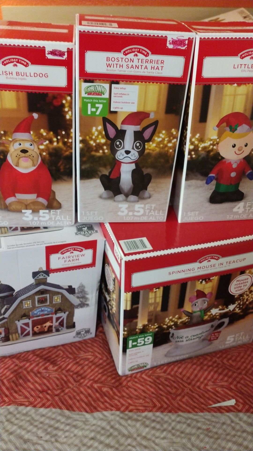 English bulldog, Boston terrier little elf spinning mouse in teacup Fairview farm light up air blown inflatables