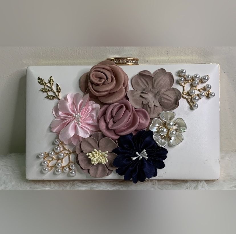 Milisente Satin Flowers Pearl Beaded purse - can be used as a clutch, wristlet or on shoulder - excellent condition with a couple of minor scuffs