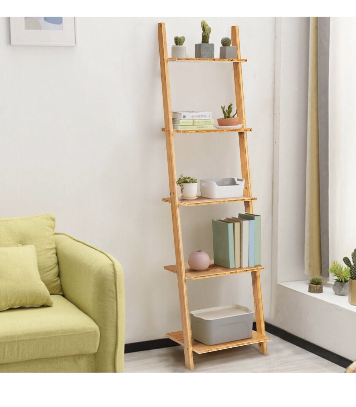 Ladder Shelf Modern Bamboo Leaning Bookshelf 