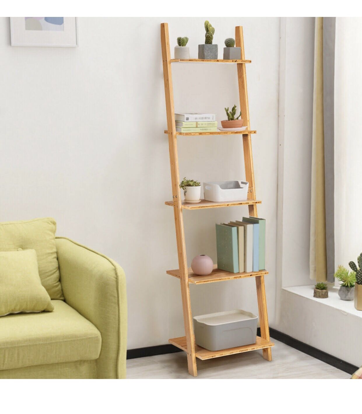 Ladder Shelf Modern Bamboo Leaning Bookshelf