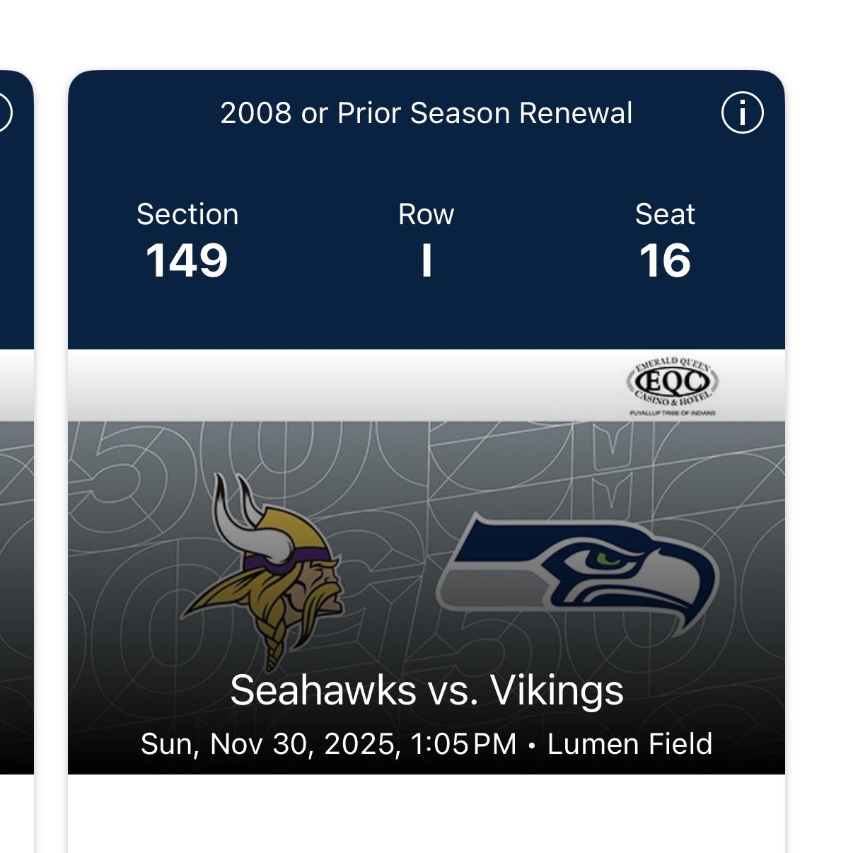 11/30/25 - 2 Tickets Seahawks vs Vikings - Aisle Seats