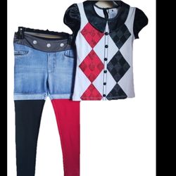 Girl Harley Quinn Suicide Squad Cosplay t-shirt/ leggings Large(10-12) Child, 2 pc set, short and leggings, multi-colored, made china, red/black/white