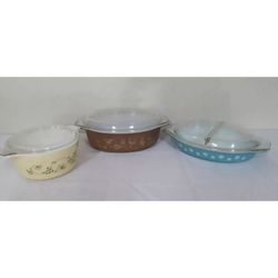 three vintage Glasbake oval casseroles, glass lid, brown, blue and yellow Pyrex