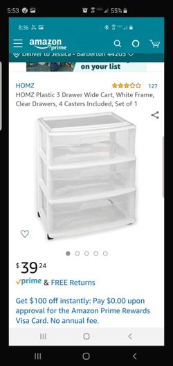 HOMZ Plastic 3 Drawer Wide Cart, White Frame, Clear Drawers, 4 Casters Included, Set of 1