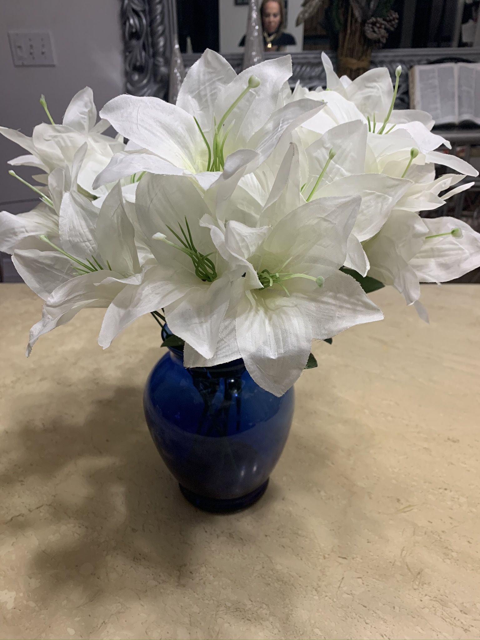 Blue Glass Vase With Flowers