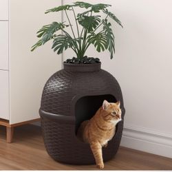 Large Cat Litter Box Enclosure with Artificial Plants & Carbon Filter, Heavy Duty PP Material Hidden Kitty Litter Box Furniture for Odor Control and H