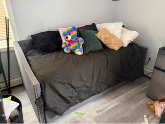 Grey Upholstered Twin Daybed with Trundle and Nailhead Trim