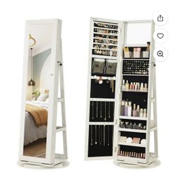 360° Swivel Jewelry Cabinet with Full Length Mirror Modern  Adult Accessory, White