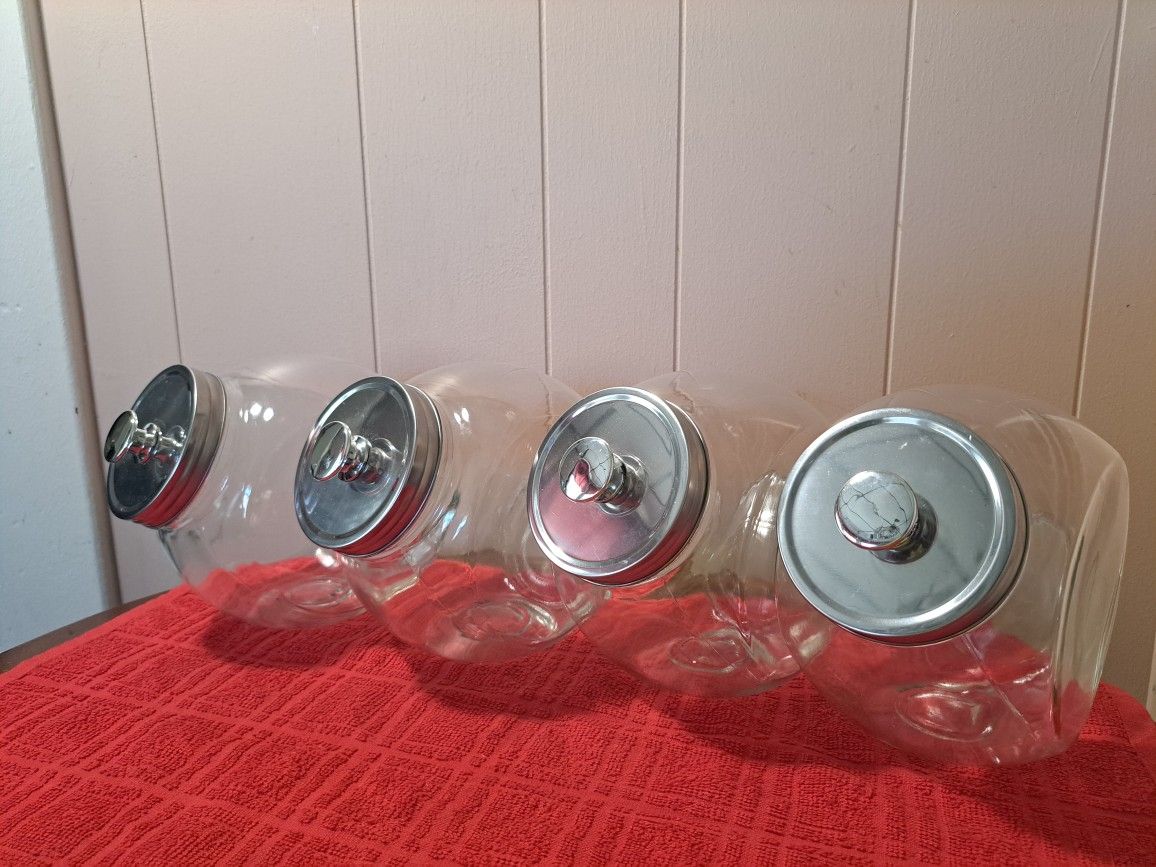 Set of 4 Clear Slant Canisters w Steel Lids