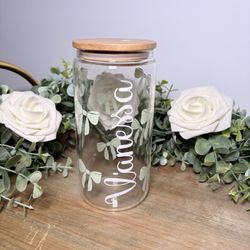Personalized Bow Glass Cup with Name | Custom Aesthetic Cup | 16 oz Glass Can with Bamboo Lid