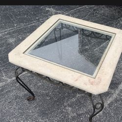 Travertine End Table With Glass Top!