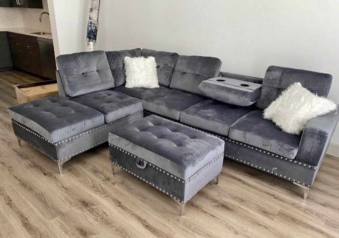 Brand New Grey Velvet Sectional With Storage Ottoman