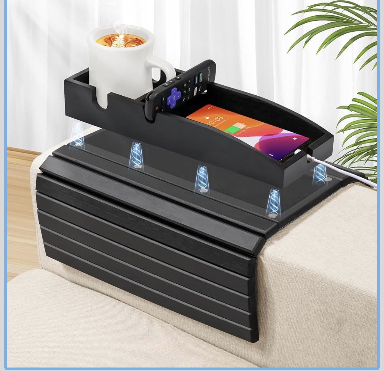 Joy&Grace Couch Cup Holder, 3-in-1 Magnetic Detachable Couch Arm Tray, Bamboo Sofa Armrest Table with Anti-Slip Pad, Sofa Armrest Tray Table (Black) A
