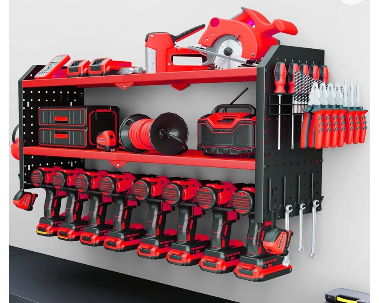 KAFAHOM Power Tool Organizer, Large 8 Drill Holder Wall Mount with 2 Side Pegboards, Heavy Duty Metal Tool Shelf with 12 Hooks, Storage Rack for Garag