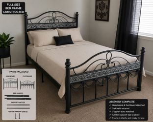 Full Size Ornate Black & Silver Metal Bed Frame – Headboard & Footboard