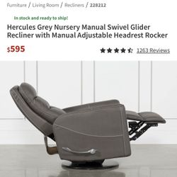 $600 For 2 Hercules Grey Nursery Manual Swivel Glider Recliner with Manual Adjustable Headrest Rocker