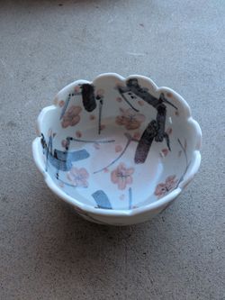 Handmade Japanese-Style Pierced Ceramic Bowl – Birds & Pink Blossoms – Scalloped Rim