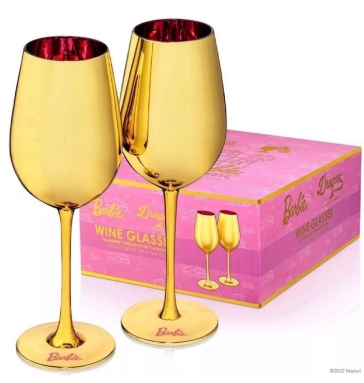 BARBIE DREAMHOUSE GOLD WINE GLASSES; Collectible 17.5oz