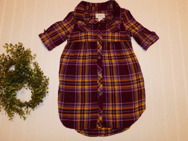 Old Navy Girls 3T Flannel Plaid Purple & Yellow Shirt Dress Tunic 