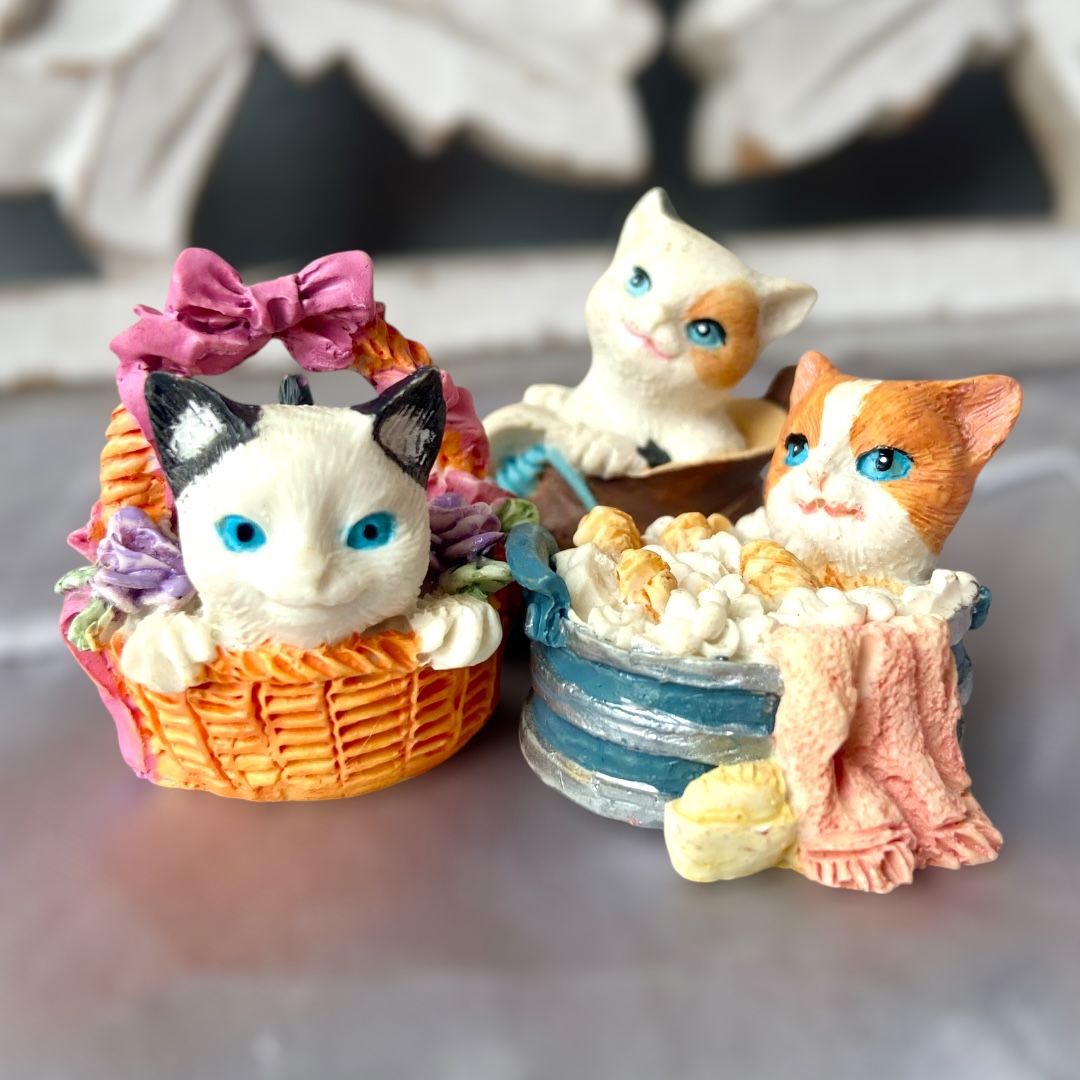 Vintage Kitten Figurines Set of 3 Cats in Basket, Boot & Wash Tub - Home Decor