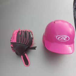 Pink Used  Rawlings Batting Helmet  And Catcher's Glove