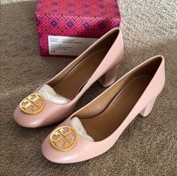 Tory Burch Powder Pink Leather Chelsea Block Heel Pumps Size 5.5
