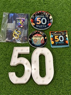 50th Birthday Decorations Party Set 1976 LED “50” + Banners + Plates + Napkins Confetti