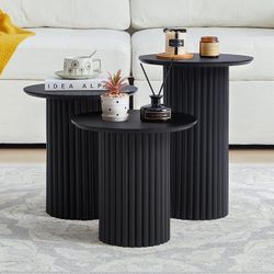 Round Nesting Coffee Table Set of 3,Mid Century Modern Fluted Coffee and End Table Set,Small Circle Wooden Side Table Drink Table for Living Room (Bla
