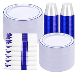 WELLIFE 350 Pcs Blue Plastic Plates for 50 Guests - Plastic Dinnerware Set,Party Supplies Includes 100 blue plates,150 Silverware,50 Napkins,50 Cups,B