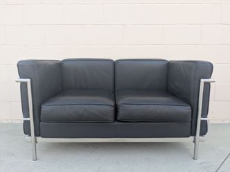 Black Leather Loveseat with Chrome Frame