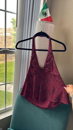 Burgundy Floral Halter Top with Lace Trim