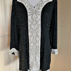 Halloween Costume Vintage JUDITH ANN CREATIONS beaded & silk formal 1920s black deco tunic blouse S