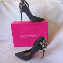 ShoeDazzle Black Suede Jewel Pearl Ankle Strap Stiletto High Heel Size 7 Women 