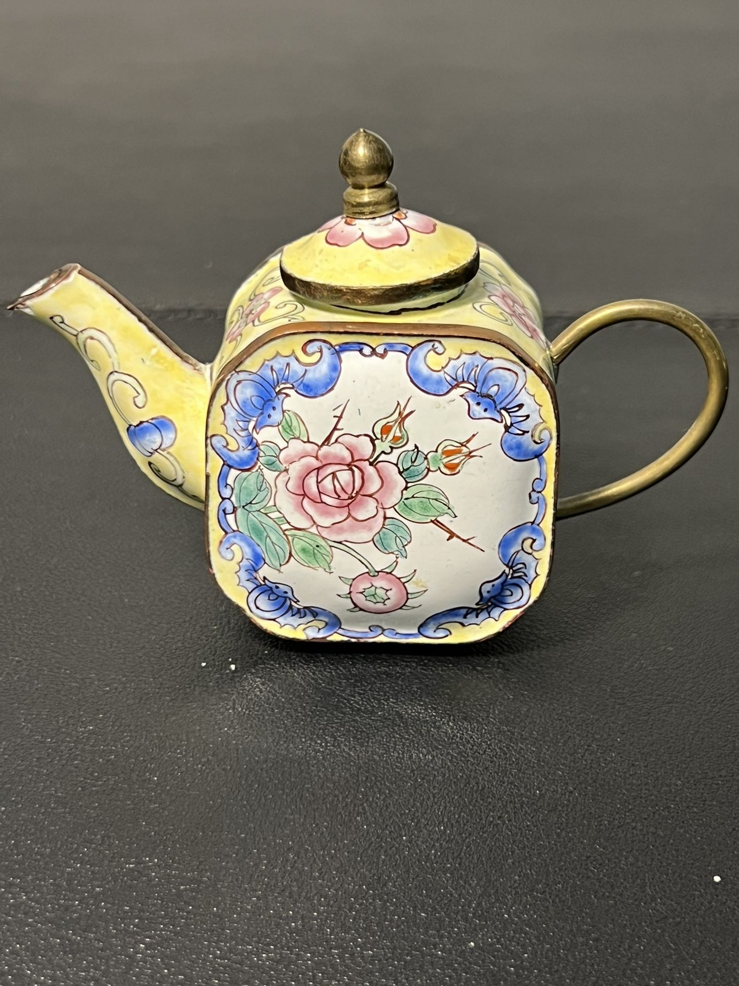 Chinemel 1990s B. Yee Miniature Teapot Copper & Painted Flowers, 3.75x3"