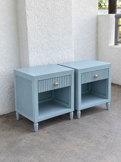 Pair of Light Blue Fluted Nightstands with Drawers